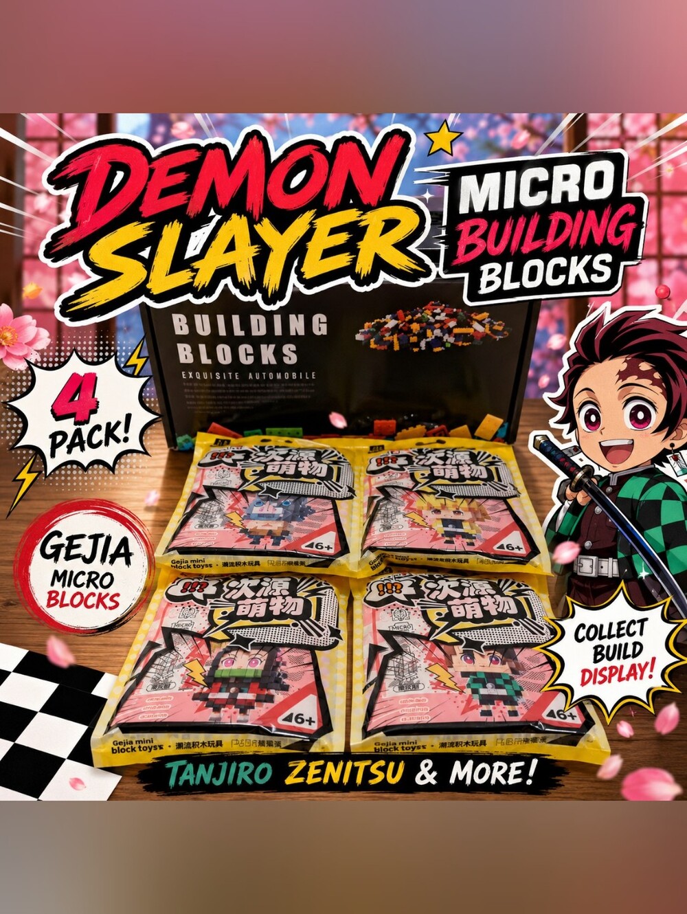 GEJIA‎ Demon Slayer Micro Building Blocks 4 Pack Tanjiro Zenitsu Inosuke Rengoku